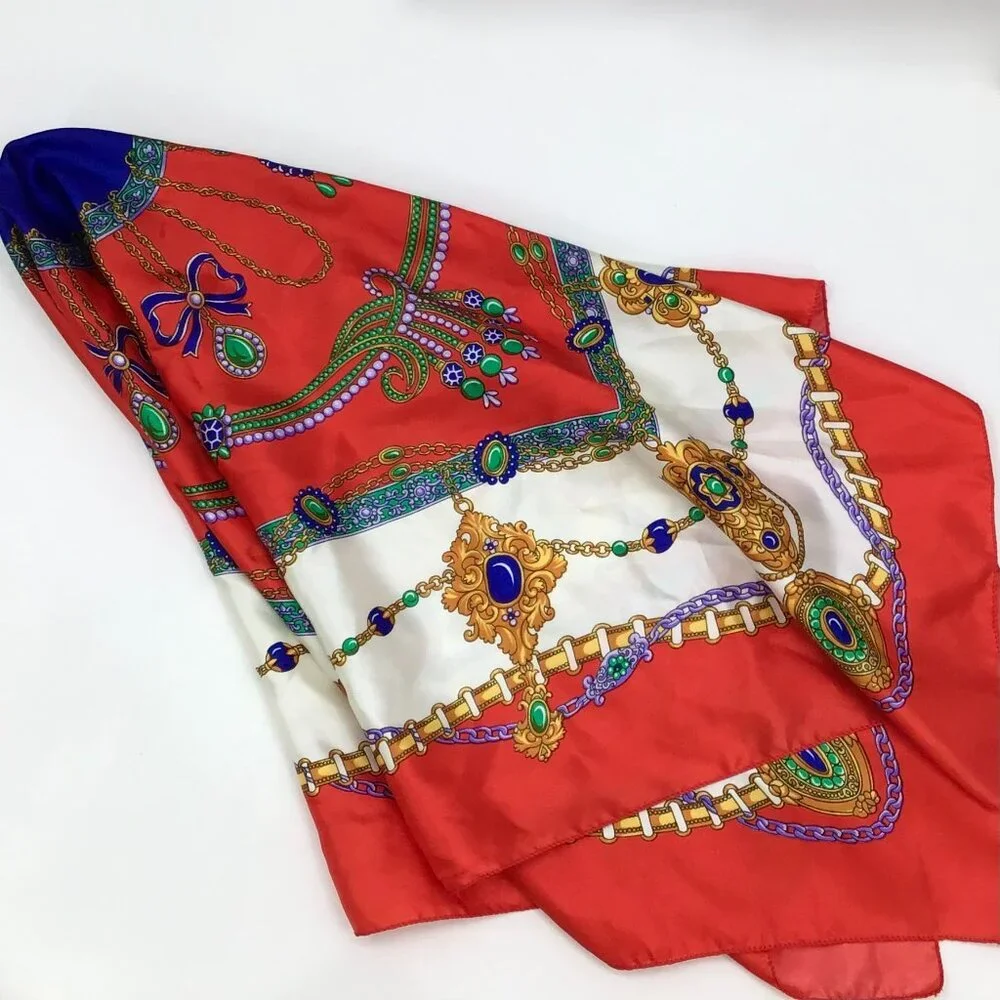 Women's Colorful Vintage Large Square Scarf Jewels Christmas Colors Retro 1980s